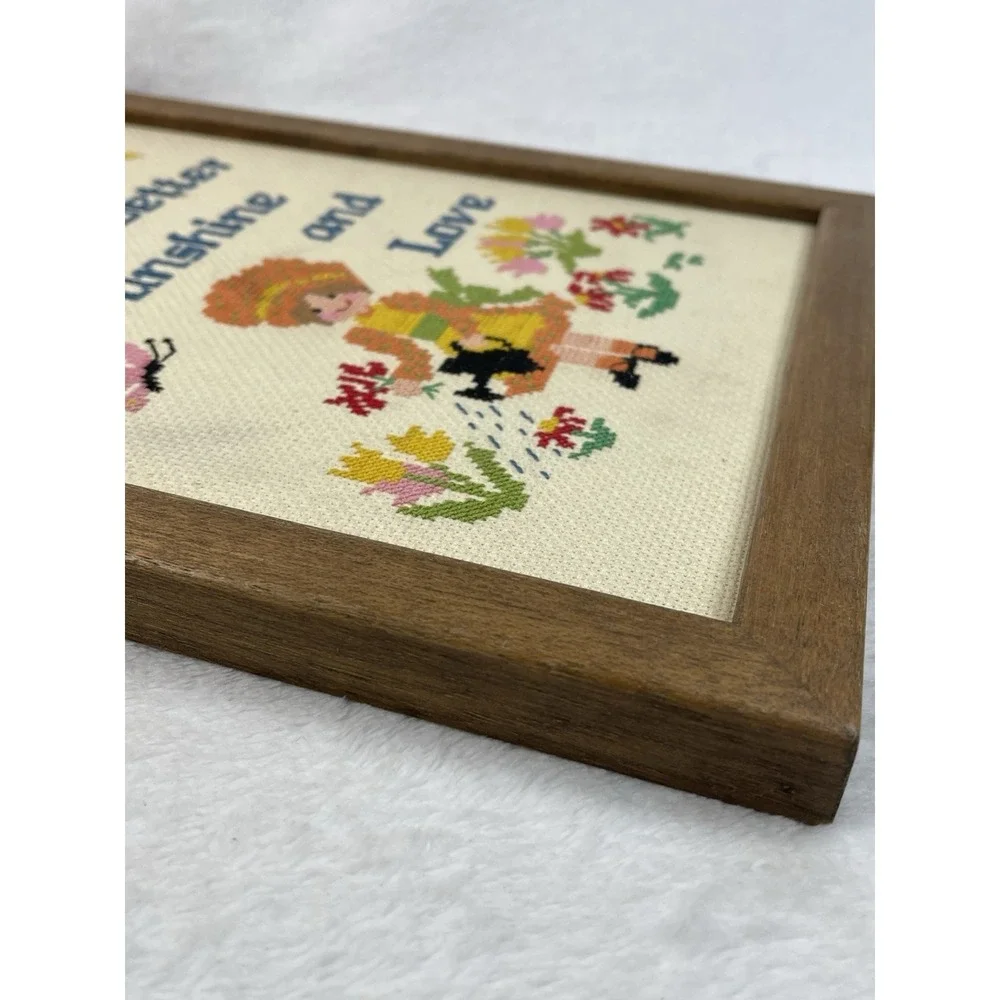 Vintage Cross Stitch Framed Quote Sunshine Love Girl Garden Floral 13x10